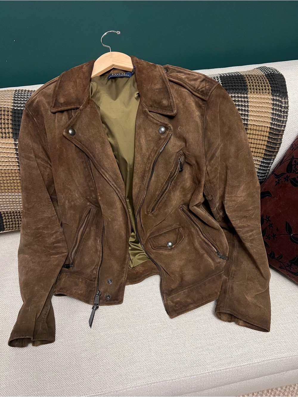 Polo by Ralph Lauren Brown Suede Bomber Jacket with Olive Lining.